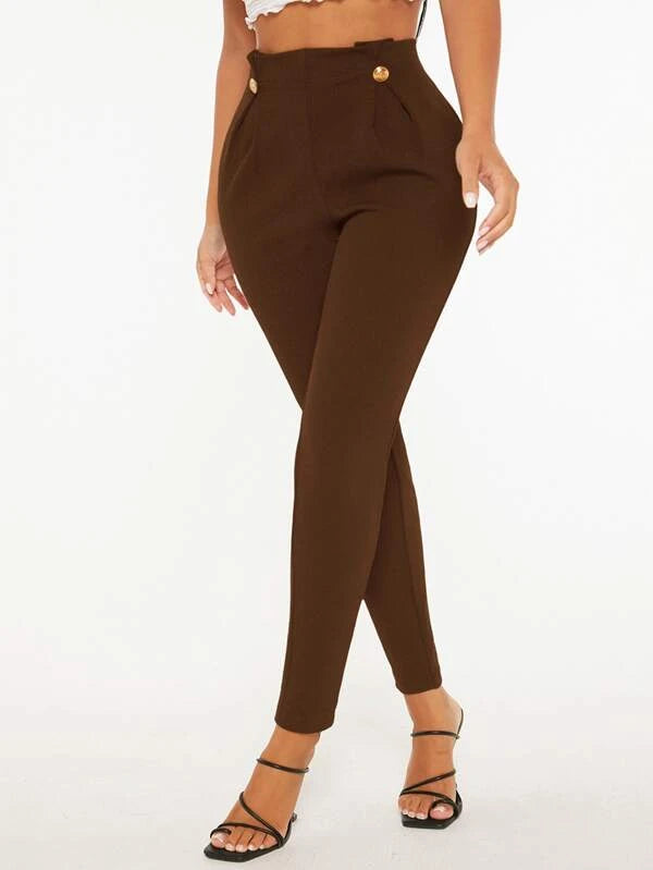 High Waist Fake Button Skinny Pants (in BROWN/ BLUE/ GREEN)