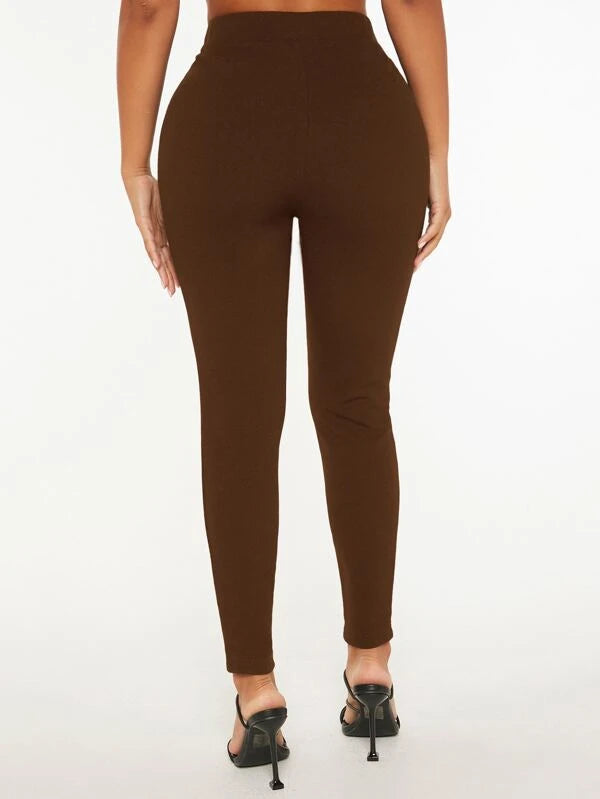High Waist Fake Button Skinny Pants (in BROWN/ BLUE/ GREEN)
