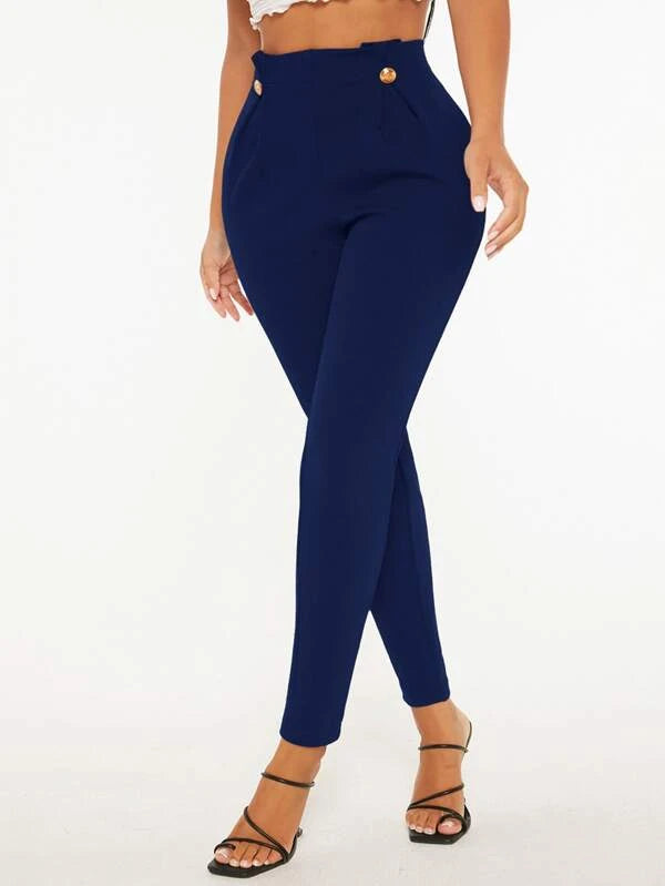 High Waist Fake Button Skinny Pants (in BROWN/ BLUE/ GREEN)
