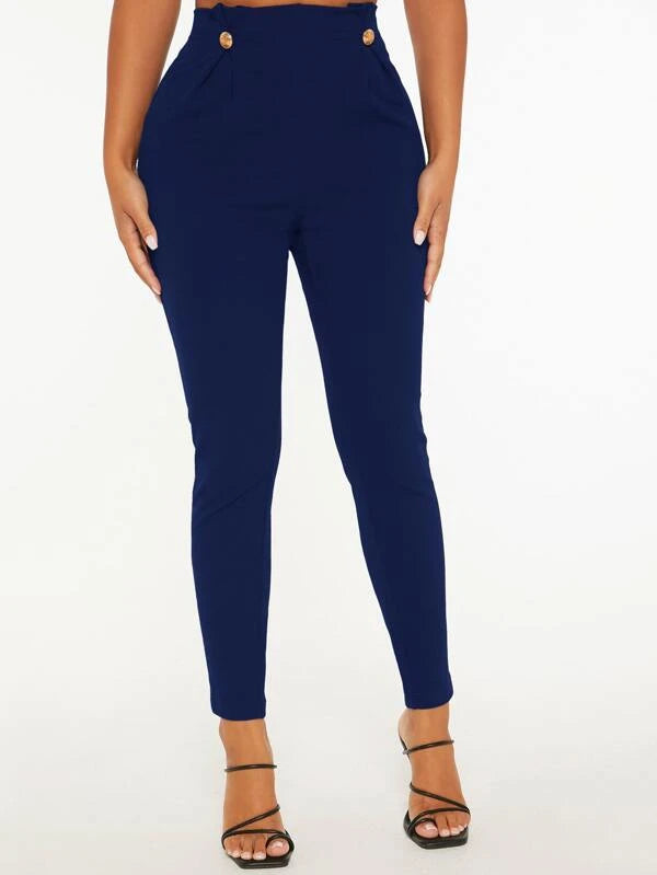 High Waist Fake Button Skinny Pants (in BROWN/ BLUE/ GREEN)