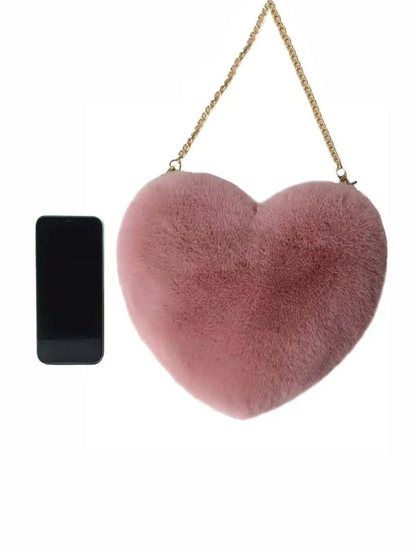 Heart Design Chain Fluffy Novelty Bag Heart Shaped Fluffy Shoulder Bag, Fashion Chain Crossbody Bag, Cute Zipper Purse For Valentine's Day