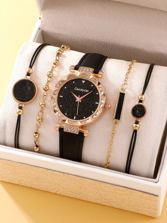 1pc Rhinestone Decor Quartz Watch & 4pcs Bracelet