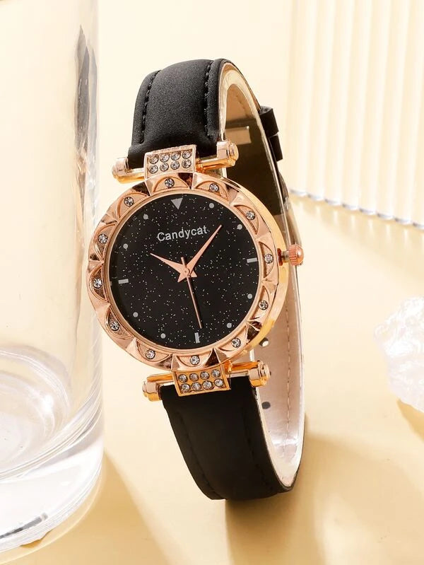 1pc Rhinestone Decor Quartz Watch & 4pcs Bracelet
