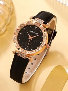 1pc Rhinestone Decor Quartz Watch & 4pcs Bracelet