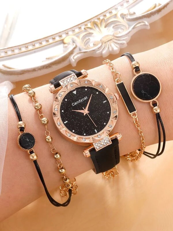 1pc Rhinestone Decor Quartz Watch & 4pcs Bracelet