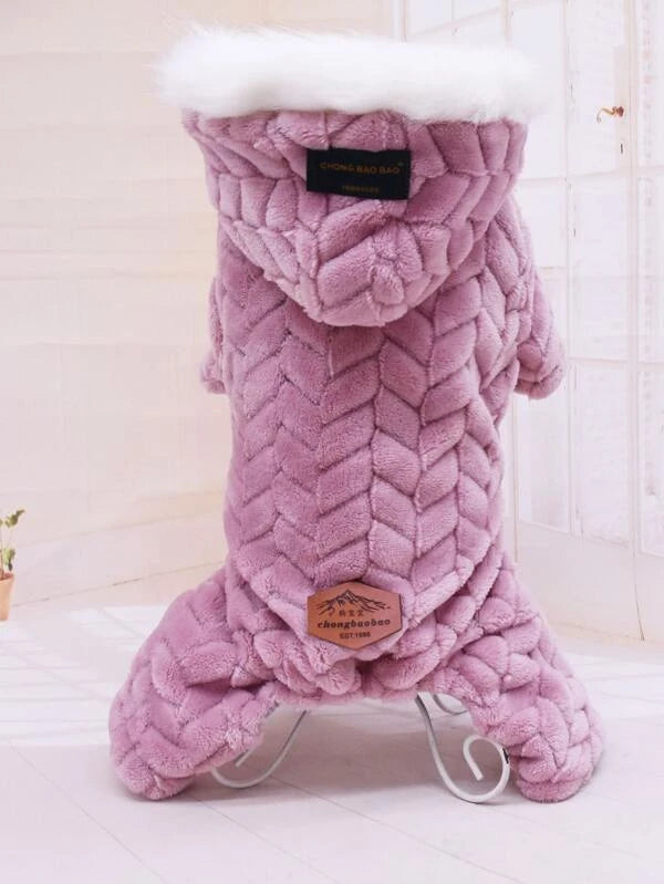 Letter Patched Detail Hooded Plush Pet Jumpsuit (S-XXL)