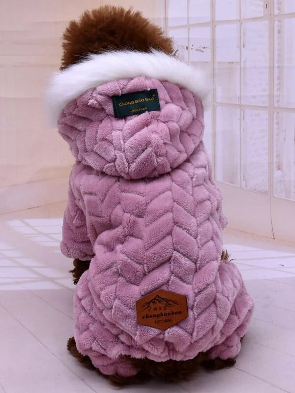 Letter Patched Detail Hooded Plush Pet Jumpsuit (S-XXL)