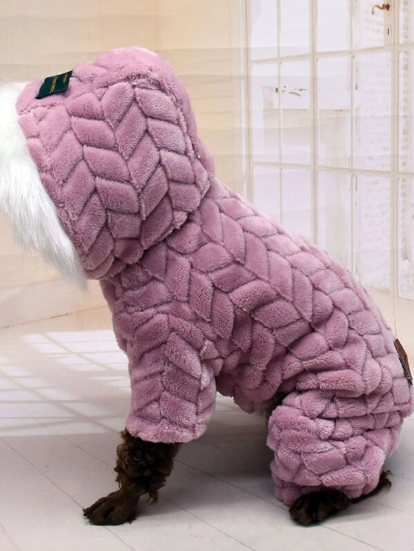 Letter Patched Detail Hooded Plush Pet Jumpsuit (S-XXL)