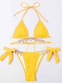 Rhinestone Chain Decor Triangle Bikini Swimsuit