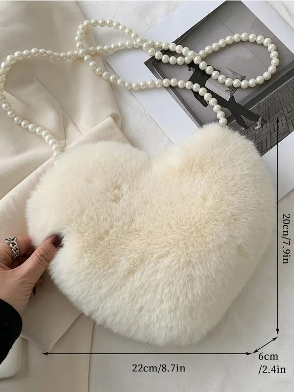 Faux Pearl Decor Heart Design Fluffy Novelty Bag xc