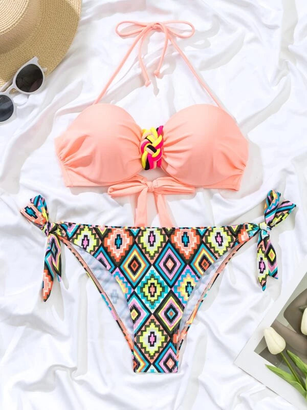 Geo Print Halter Push Up Bikini Swimsuit