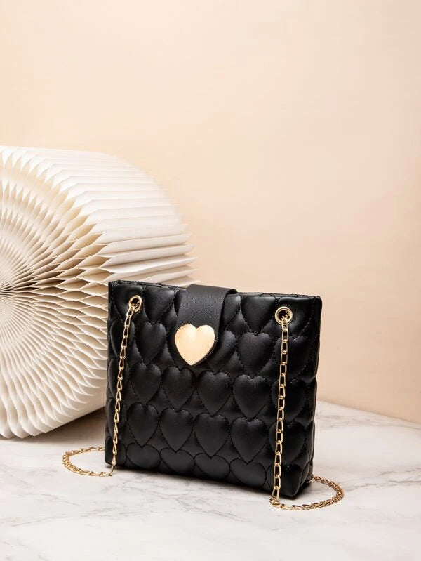Quilted Pattern Heart Decor Chain Square Bag