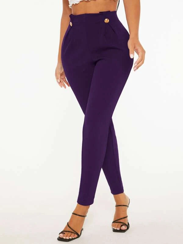 High Waist Fake Button Skinny Pants (BLACK/ GREEN/ BURGUNDY/ PURPLE)