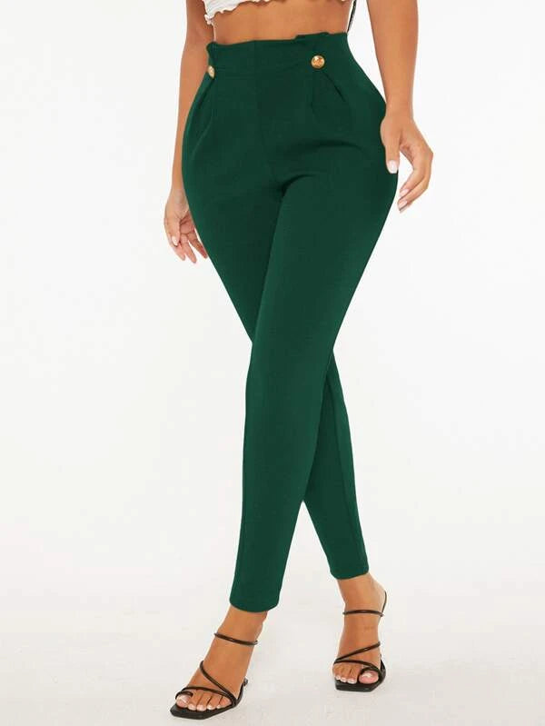 High Waist Fake Button Skinny Pants (in BROWN/ BLUE/ GREEN)