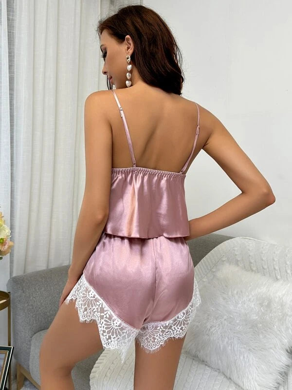 Lace Trim Satin Cami Top & Shorts Night Set