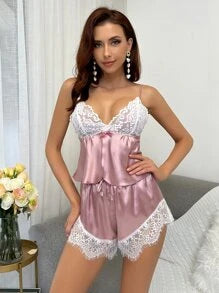 Lace Trim Satin Cami Top & Shorts Night Set