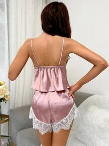 Lace Trim Satin Cami Top & Shorts Night Set