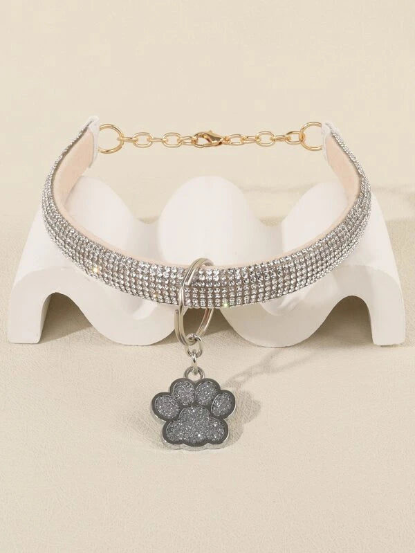 Rhinestone Decor Paw Charm Pet Necklace (XS-L) SILVER / GREY/ PINK