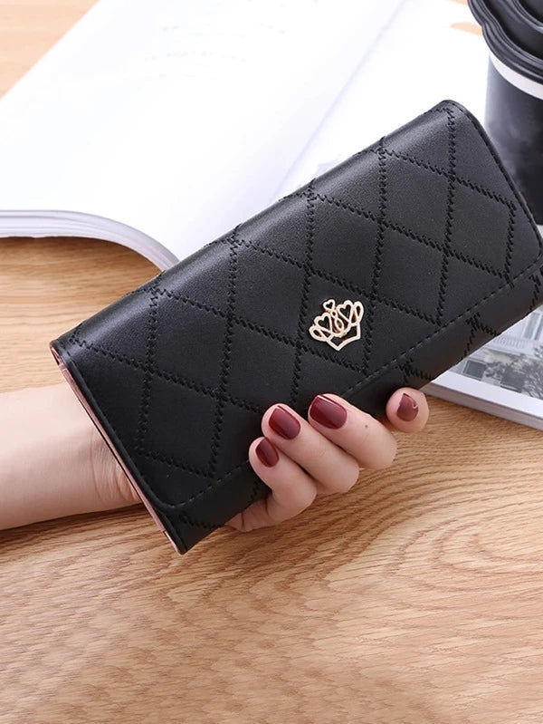 Geometric Embossed Crown Decor Flap Long Wallet