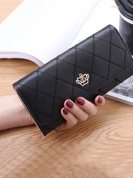 Geometric Embossed Crown Decor Flap Long Wallet