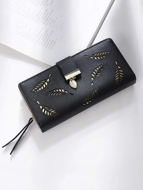 Metal Decor Leaf Graphic Long Wallet
