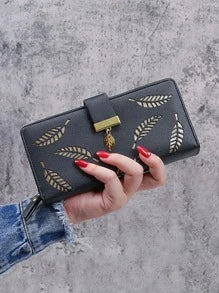 Metal Decor Leaf Graphic Long Wallet