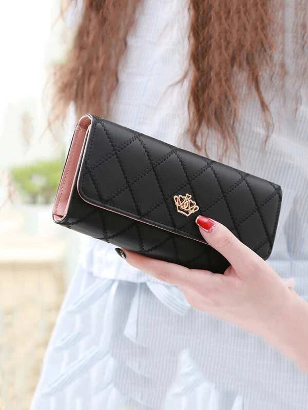 Geometric Embossed Crown Decor Flap Long Wallet