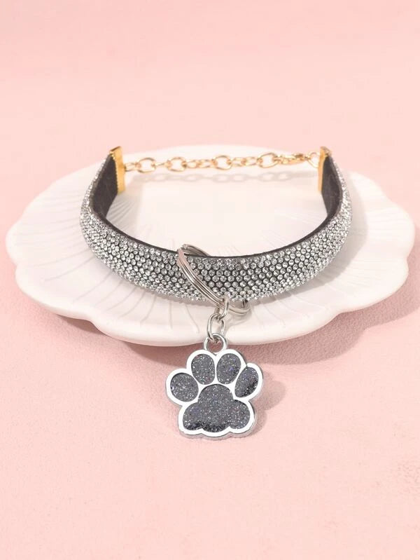 Rhinestone Decor Paw Charm Pet Necklace (XS-L) SILVER / GREY/ PINK