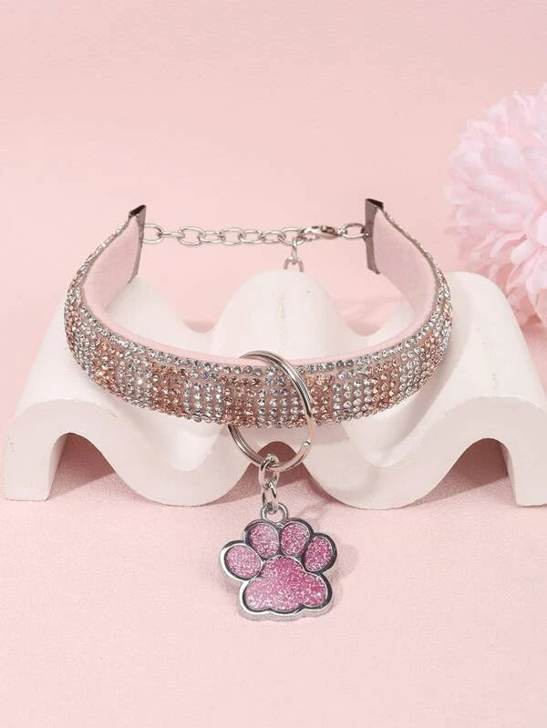 Rhinestone Decor Paw Charm Pet Necklace (XS-L) SILVER / GREY/ PINK