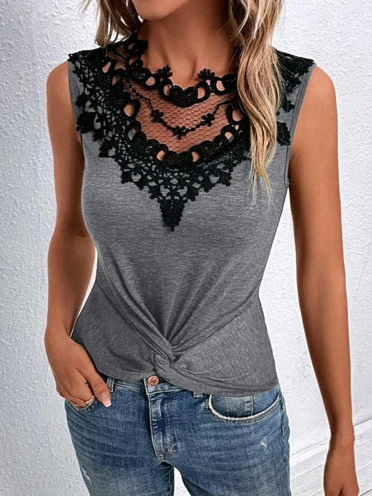 Guipure Lace Insert Twist Front Tank Top