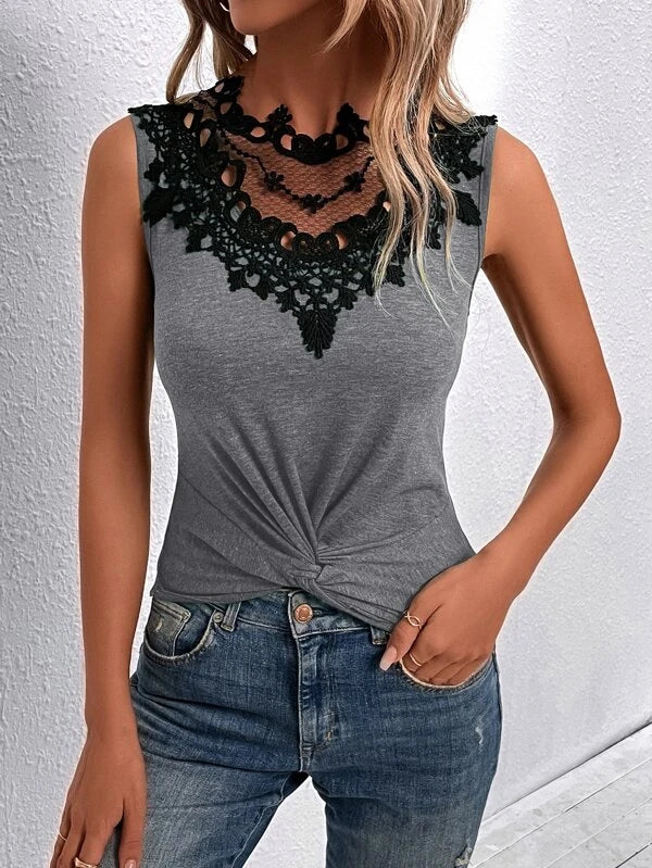 Guipure Lace Insert Twist Front Tank Top